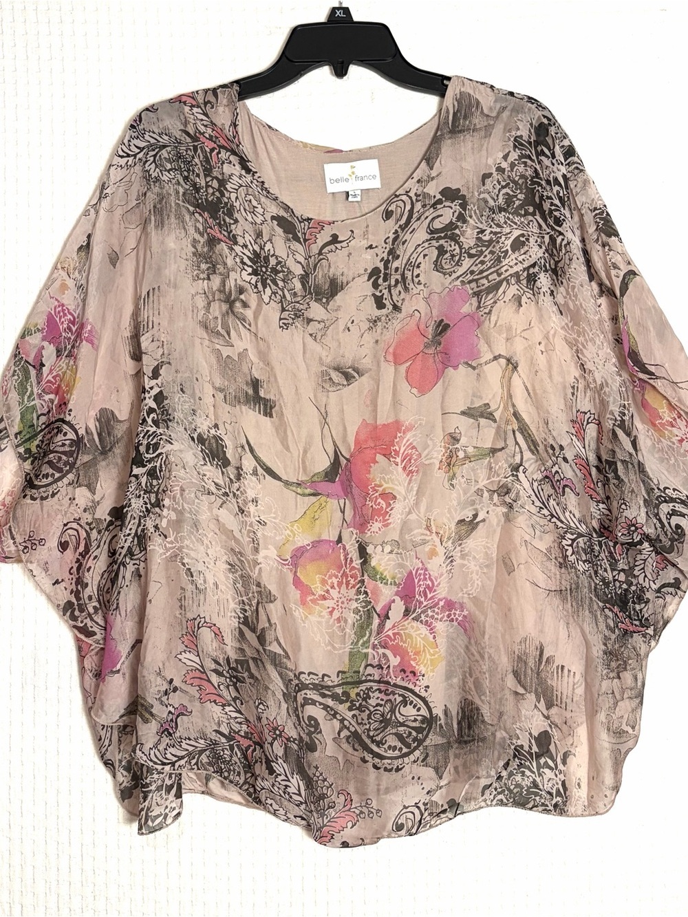 Belle France Womens L Silk Sheer Top Mauve Pink Floral Paisley Boho Fairy Y2K